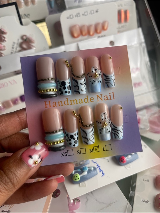 Other - Handmade Press-On Nails in Nude, White & Black with Gold Accents Medium